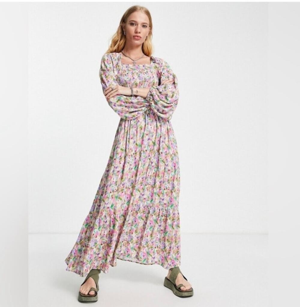 Topshop Blurred Floral Print Long Sleeve Maxi Dress | Smocked | Size S (US 4-6)